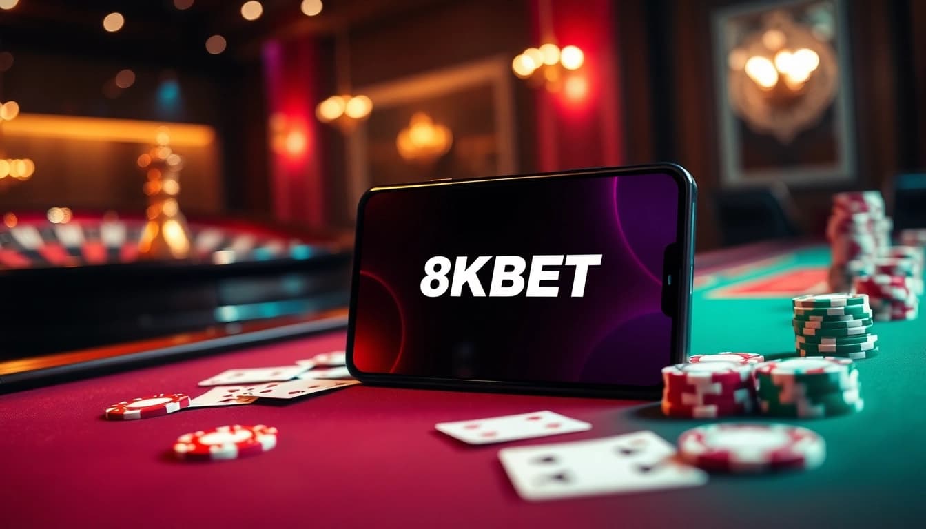 Engage in thrilling gameplay with 8KBET app, featuring casino chips, cards, and a smartphone interface.