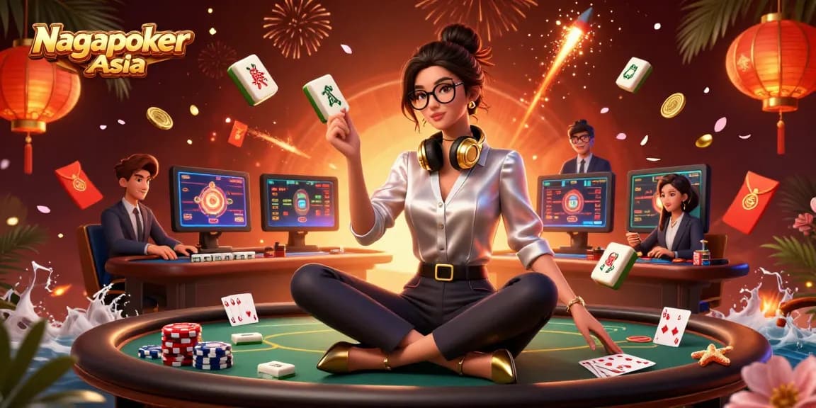 Immerse in the excitement of Nagapoker Asia with a photorealistic Asian woman at a dynamic casino gaming setup.