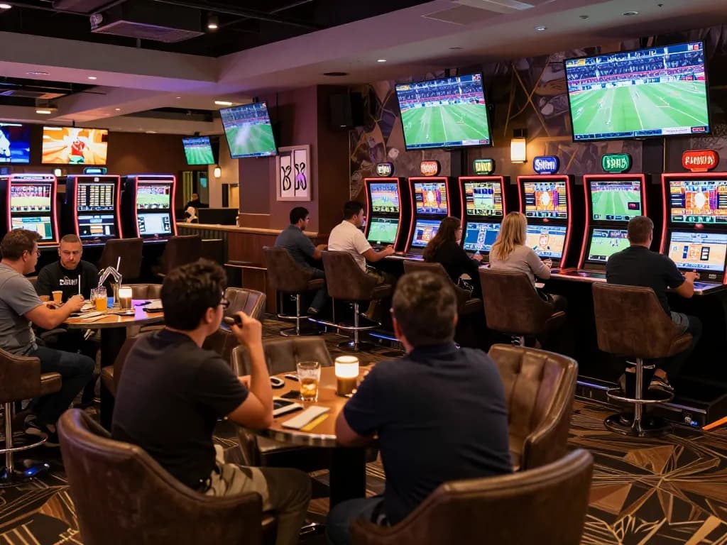 Patrons engaged in sports betting excitement at fly888 lounge, vibrant screens showcasing live sports.