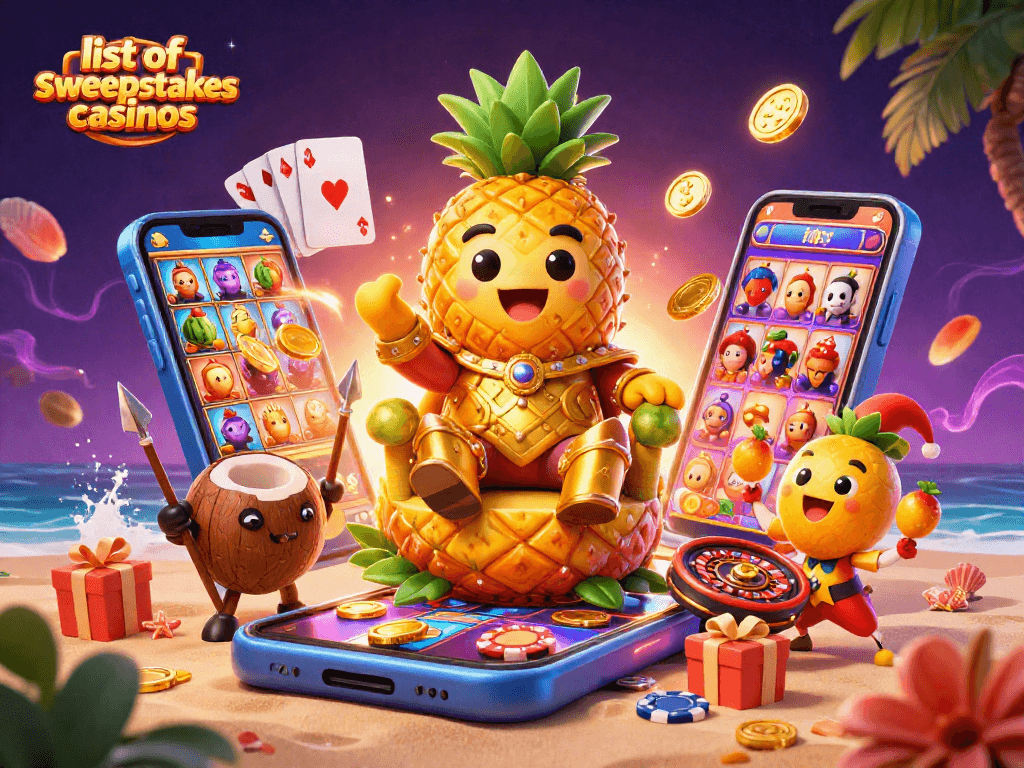 Jubilant scene of a golden pineapple king showcasing the list of sweepstakes casinos with vibrant game elements.