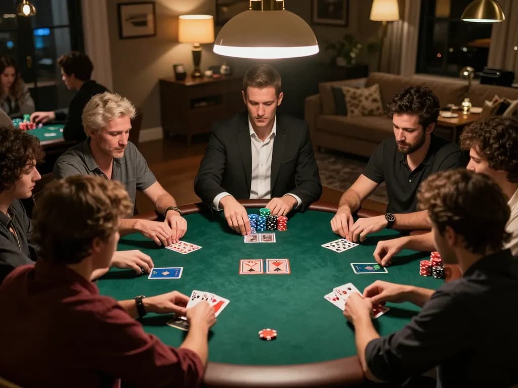 TWIN68 players strategizing during a lively poker game night at home with vibrant chips and focused expressions.