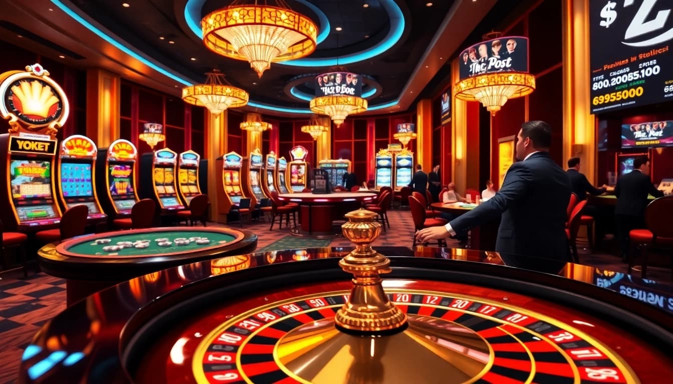 Engage in thrilling games at THABET with a luxurious casino atmosphere featuring roulette and poker tables.