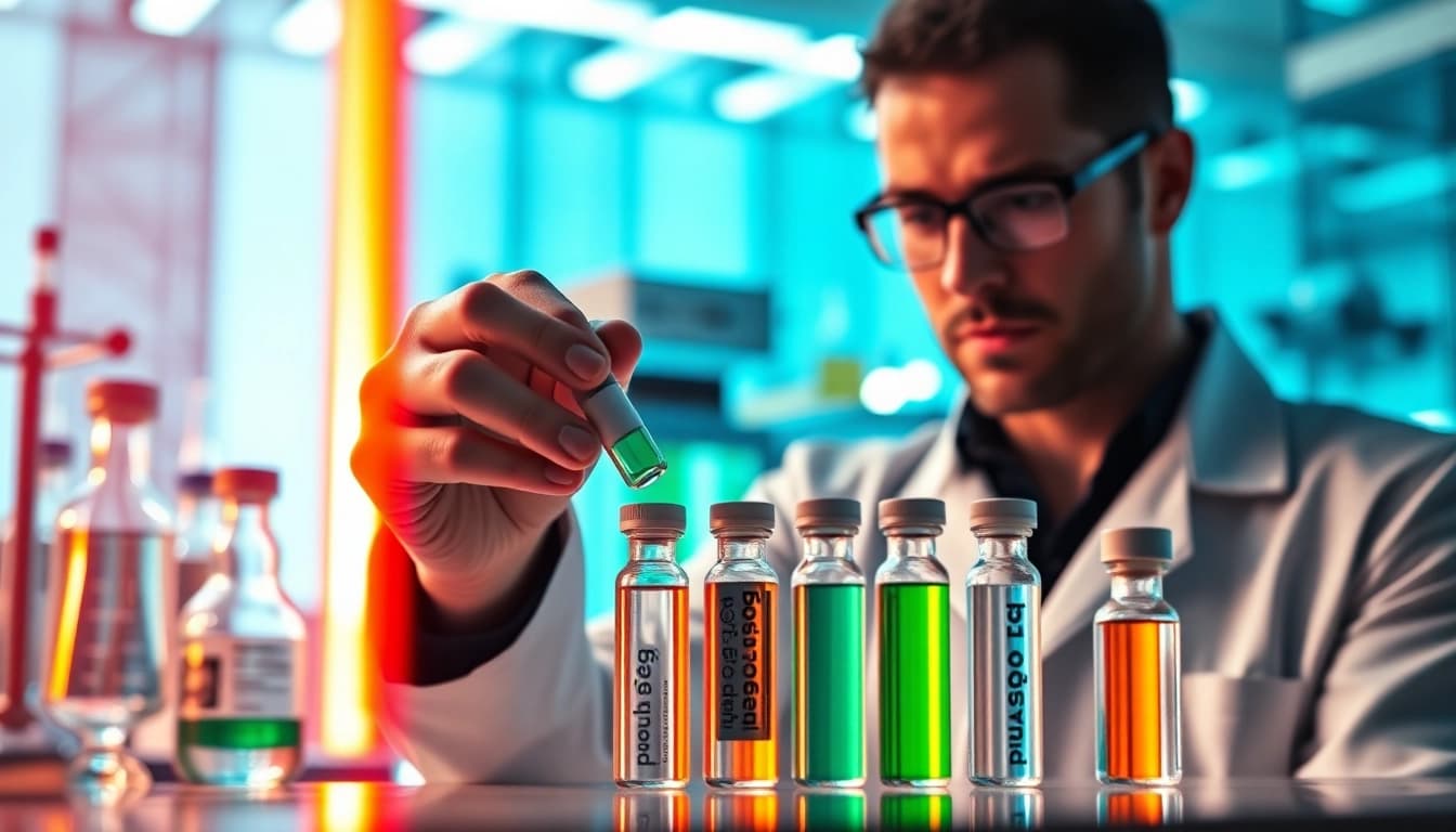 Analyzing hydro research peptides in a modern lab focused on scientific innovation.