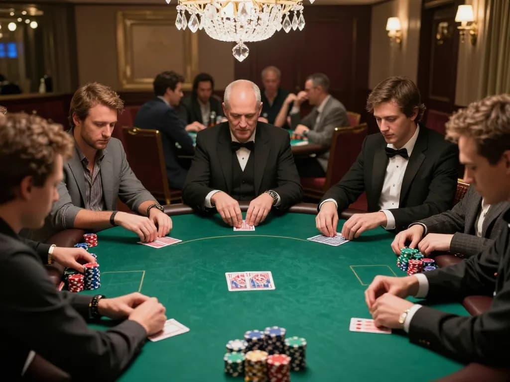 RR88 players strategizing during an intense poker game in a luxurious casino.