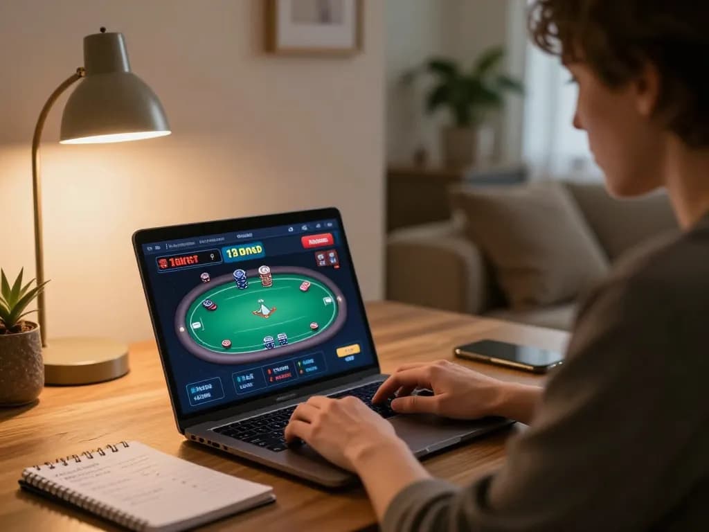 Buổi chơi poker trực tuyến hấp dẫn trên 12bet với người chơi tập trung vào chiến lược trò chơi bằng laptop tại nhà.