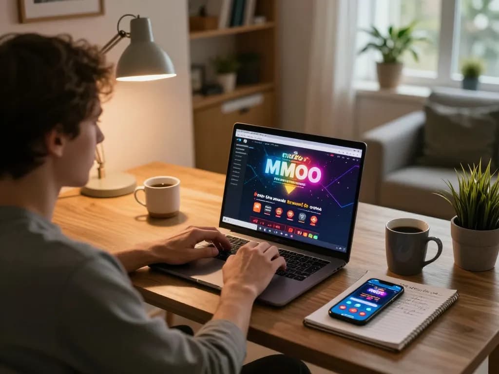 Engaging online gaming scene showing a player using MMOO casino platform at home