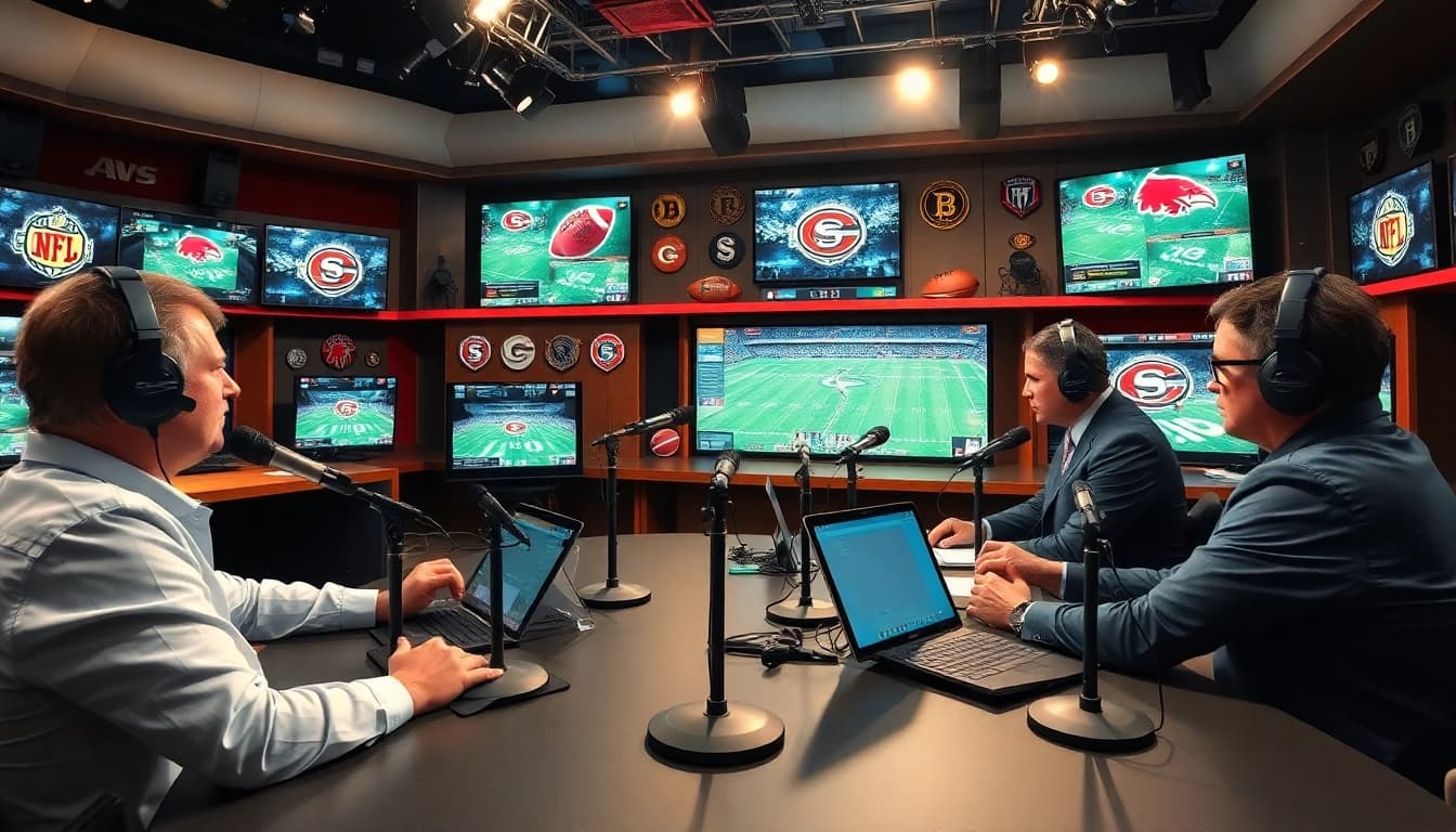 Captivating scene of Sports Broadcasting professionals engaging with dynamic visuals.