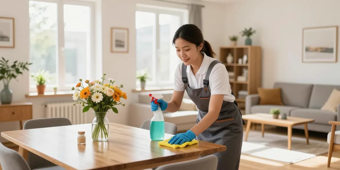 Engaged housekeeper performing hauswartung solothurn, ensuring a pristine living room with natural light.