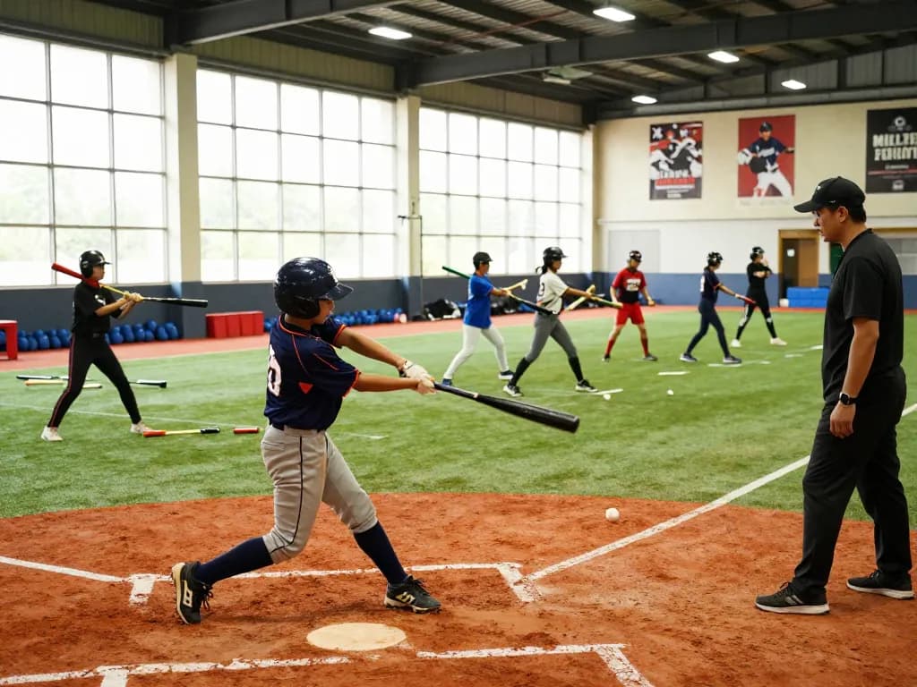 Young athletes training at HitClub baseball facility showcasing dynamic coaching and team spirit.