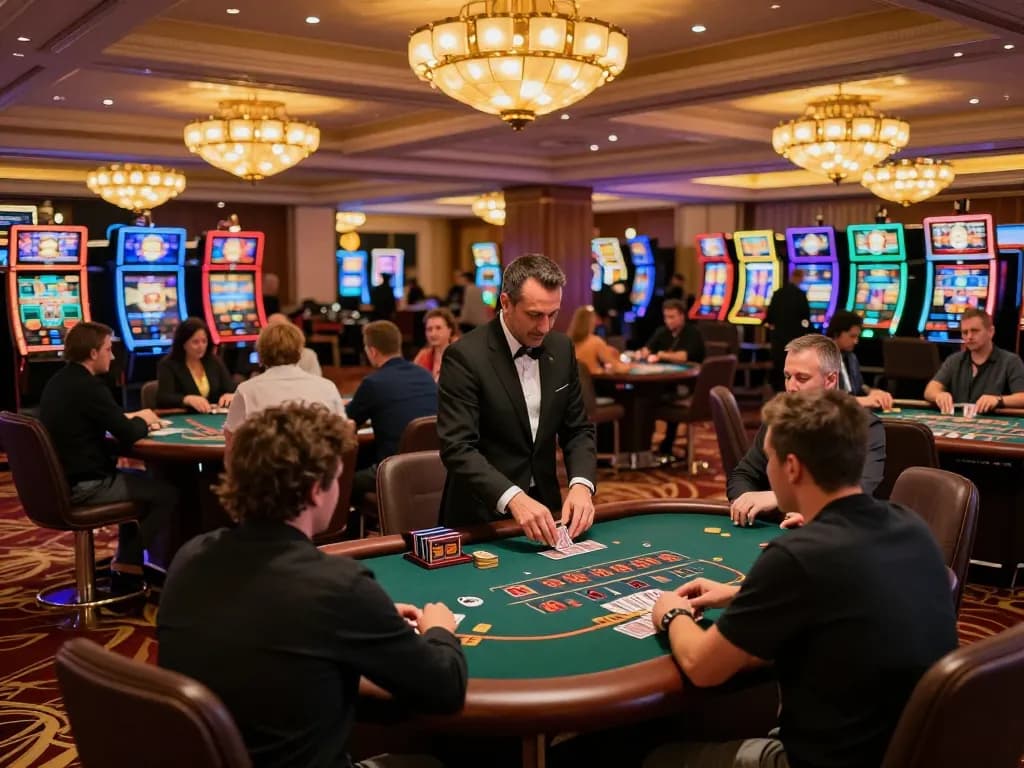 Players enjoying dynamic blackjack gameplay at a luxurious casino floor with F168 ambiance.
