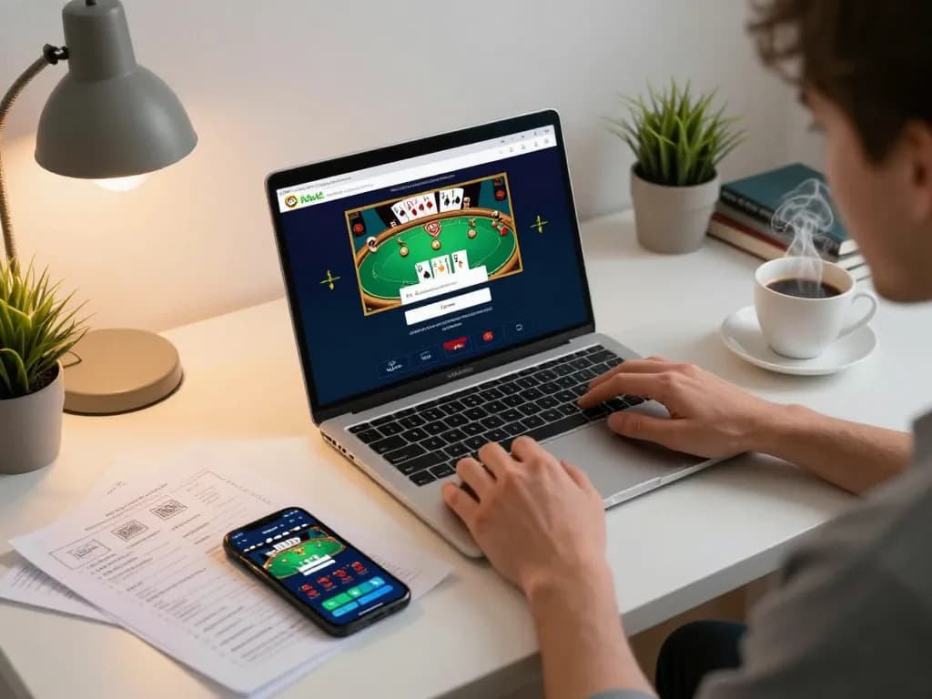 Login Fabet screen displayed on laptop, person strategizing in a cozy home gaming setup.