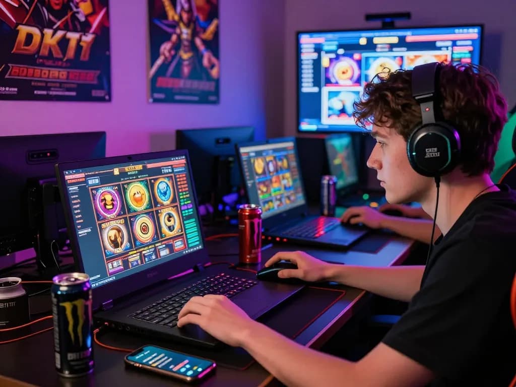 Player enjoying dk7 slot games on a laptop with vibrant gaming accessories, engaging online atmosphere.