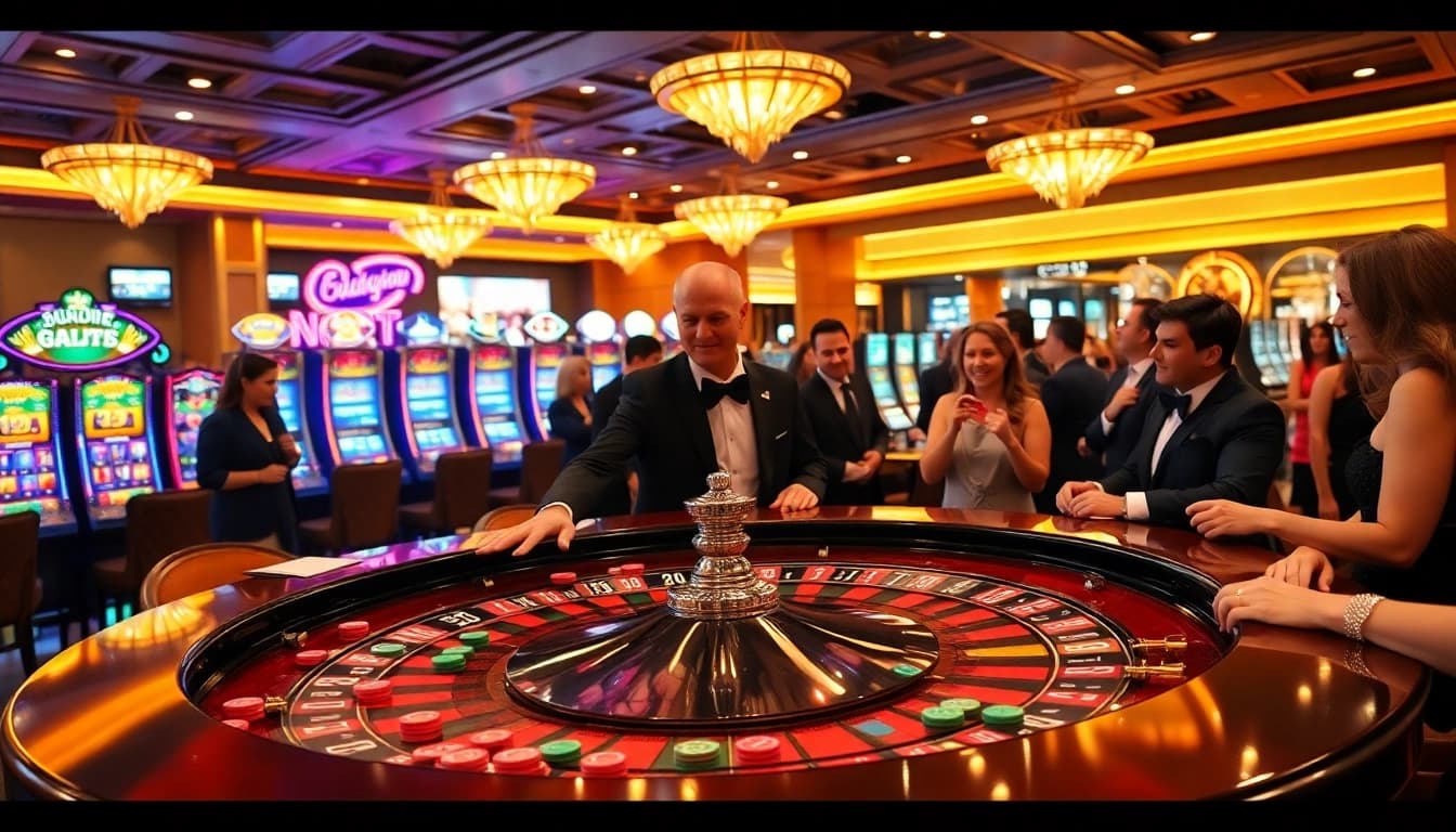 Players excitedly gamble at a vibrant casino featuring roulette and online interfaces of https://rr8888.in.net/.