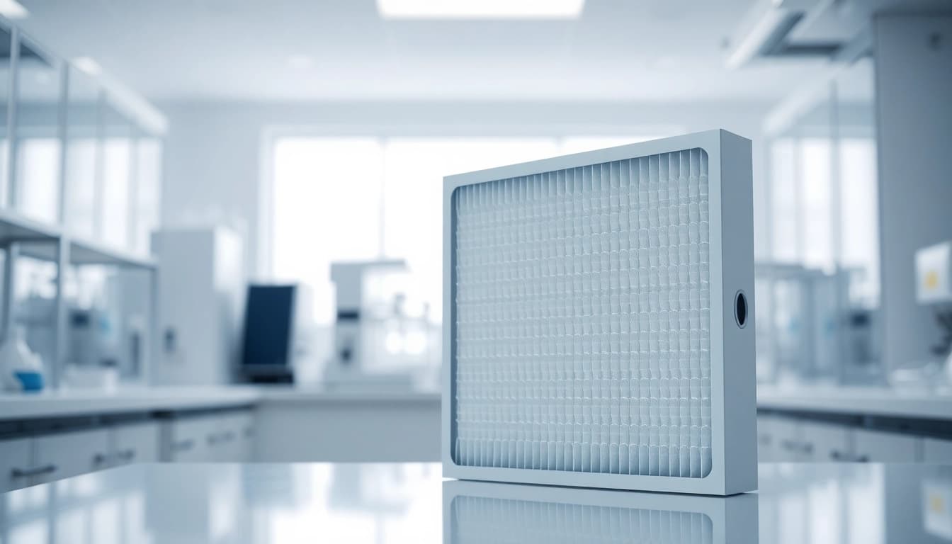 HEPA filter in a modern laboratory setting, emphasizing air filtration technology details.