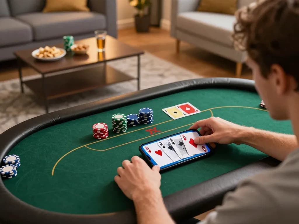 Players enjoying online poker on sunwin app, showcasing strategy and excitement in a cozy home environment.