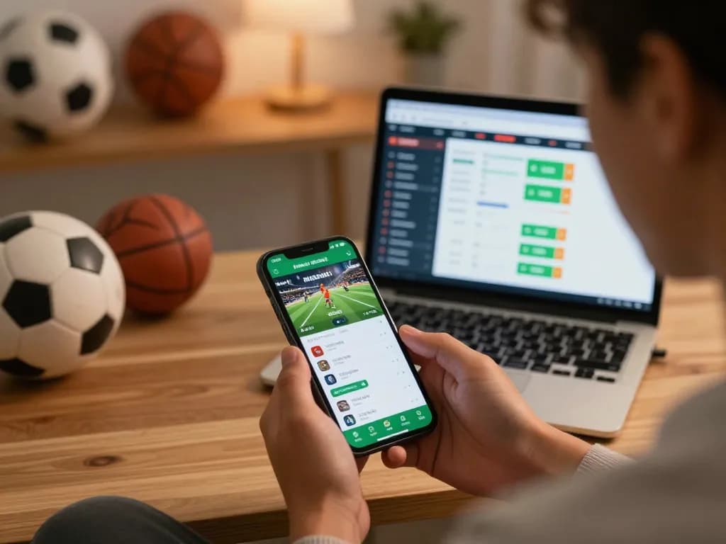 Engaging scene of online sports betting with a smartphone showing bet789 options and a laptop in a cozy setup.