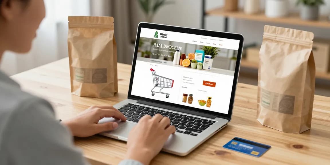 Engaging online shopping scene for Halal grocery, showcasing top products and best deals on e-commerce platform.