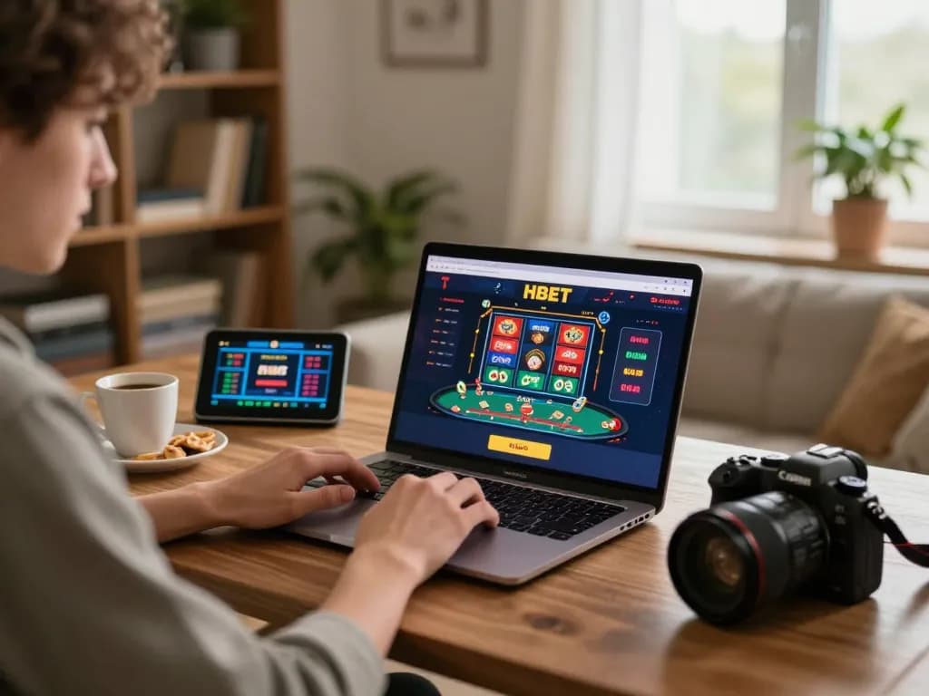 Player enjoying an HBET gaming session on a laptop with engaging visuals and cozy setting.