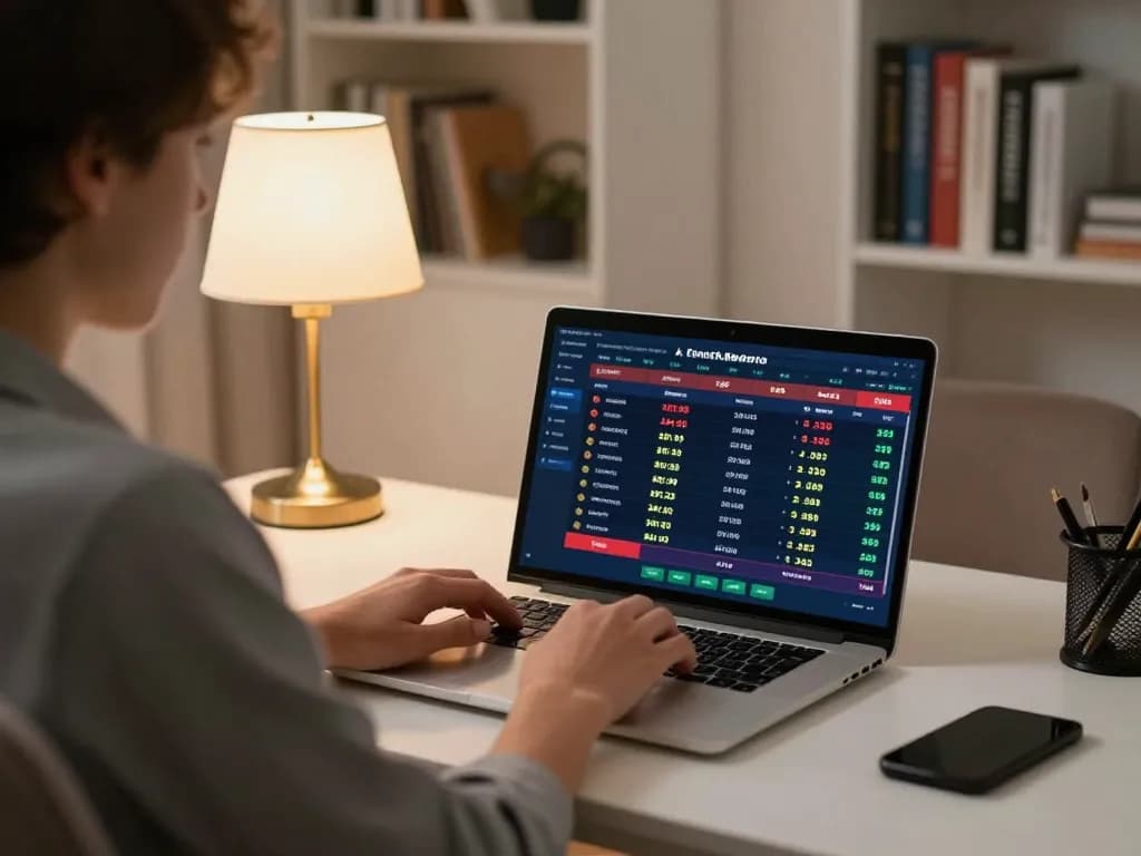 Engaging in sports betting showing tỷ lệ kèo nhà cái hôm nay on laptop at home office
