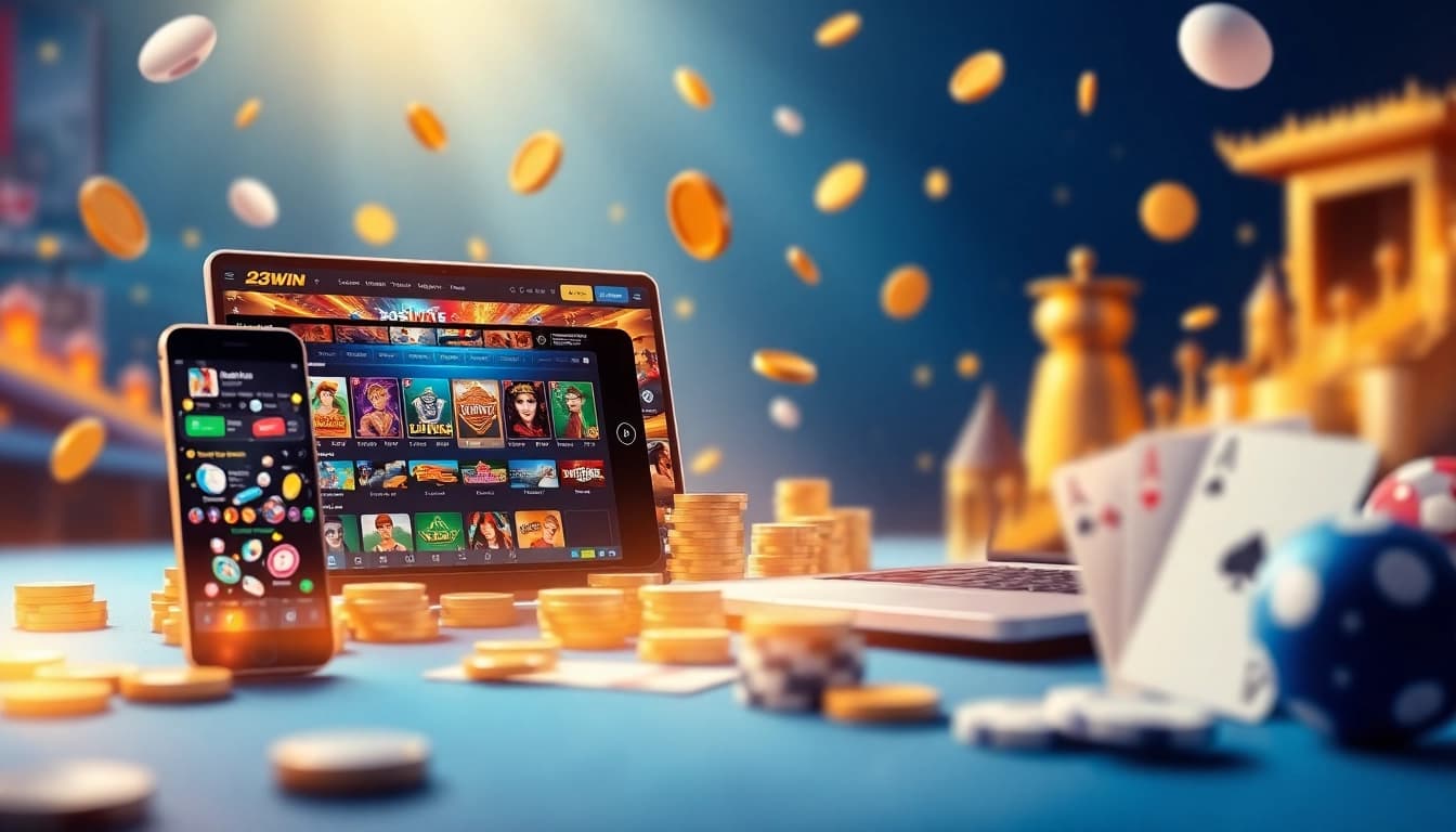 Exciting 23WIN online casino platform showcasing various games on smartphone and laptop.