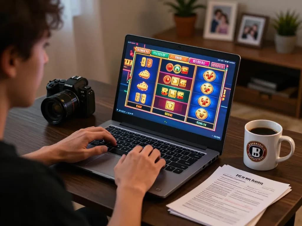Engaging in exciting slot games on a laptop while strategies and coffee nearby enhance the online gaming experience.