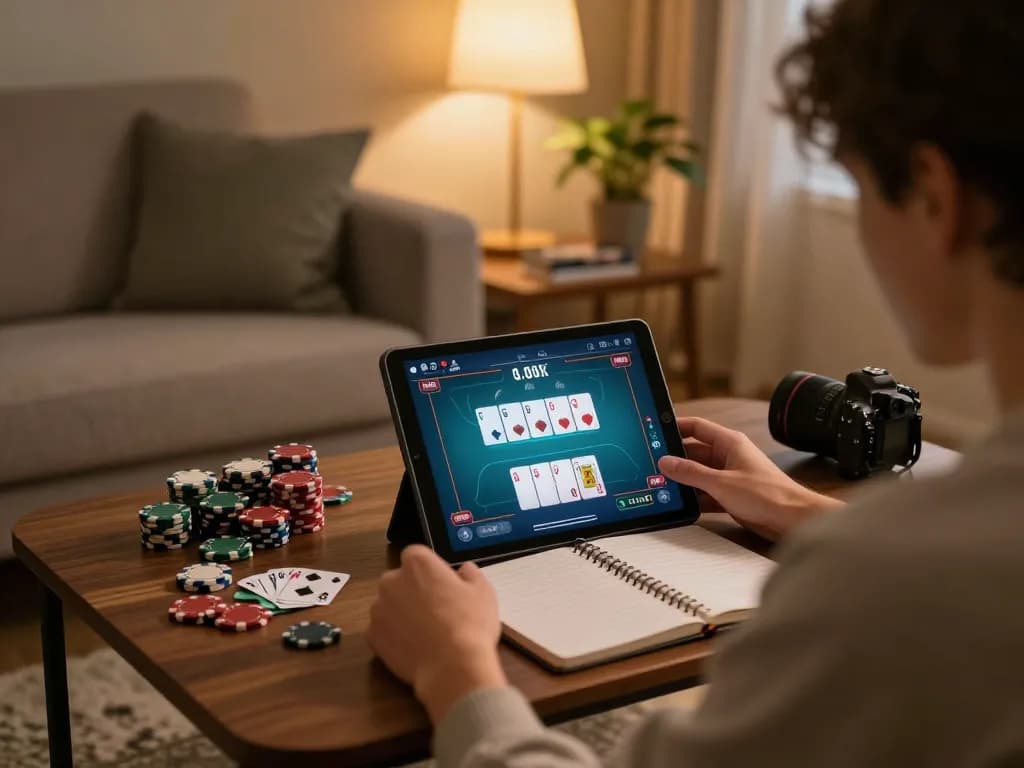 Engaging in online poker with the link chính thức OPEN88 displayed on a tablet in a cozy home setting.
