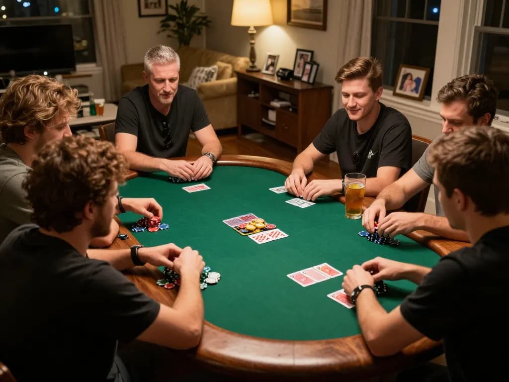 Engaging poker scene at home with friends playing 789CLUB, strategic gameplay and lively atmosphere