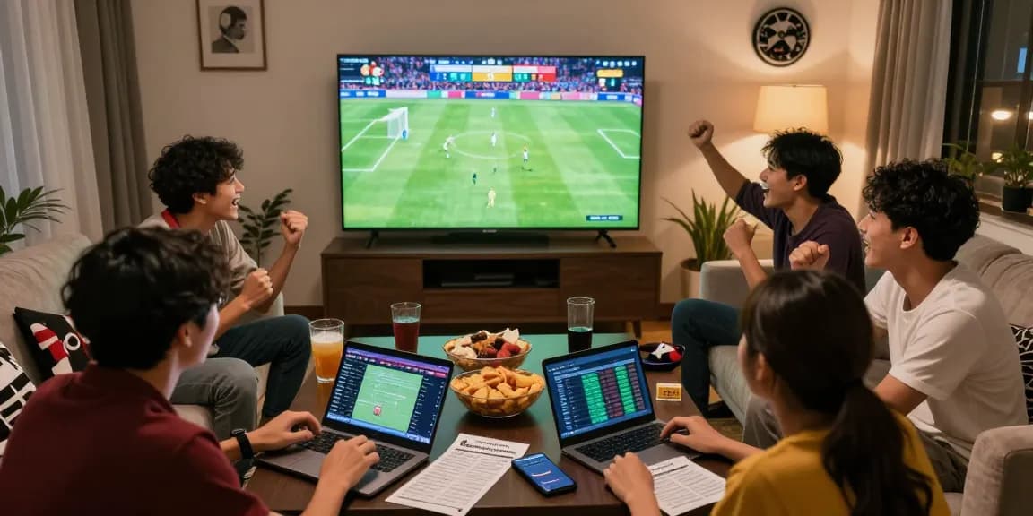 Exciting sports betting scene with friends using https://soikeonhacai.com.co/ for live football odds.