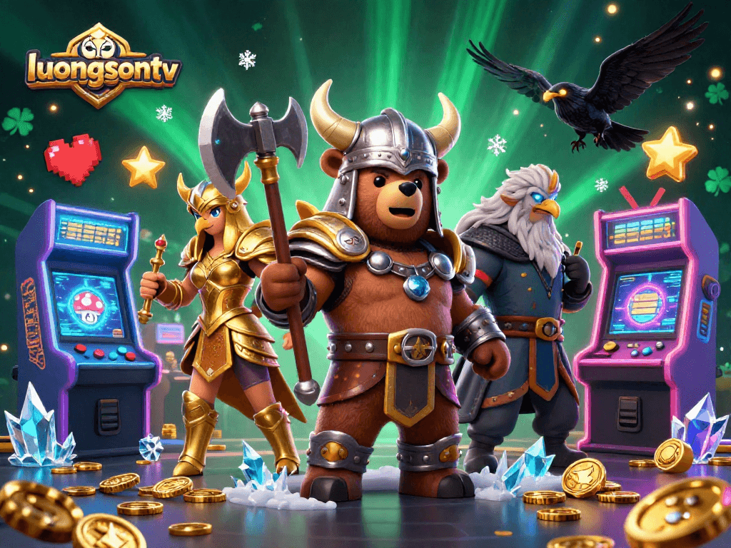 Immerse yourself in luongsontv's vibrant 3D casino gaming experience with Viking warriors and arcade elements.