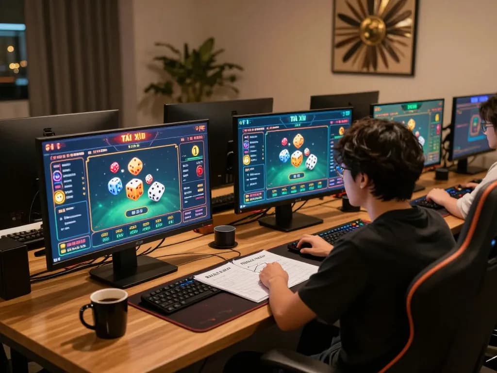 Tài Xỉu online gameplay at a modern gaming desk with multiple screens showcasing dynamic betting action