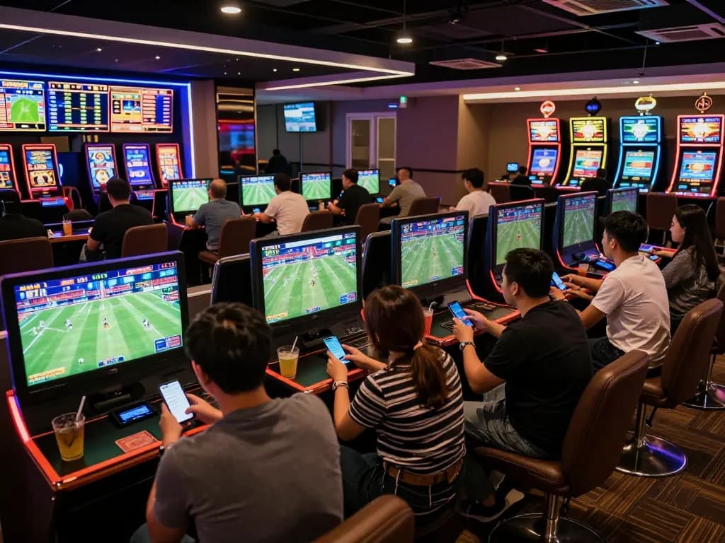 Betting enthusiasts engaging actively at 88CLUB, analyzing odds during live sports matches.