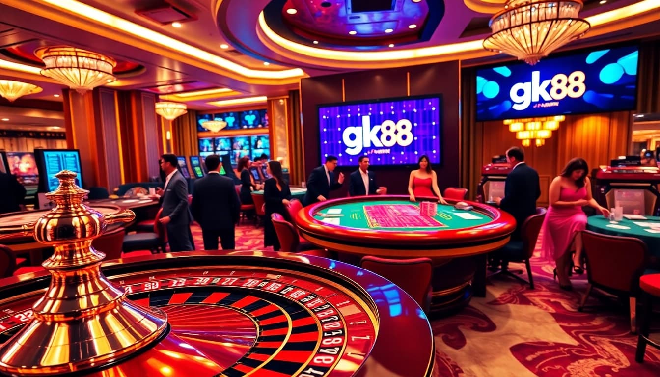 Experience the thrill of gk88 with an exciting casino scene featuring roulette and poker tables.