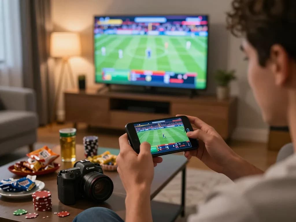Engaged player using go88 mobile app for sports betting in a lively living room.