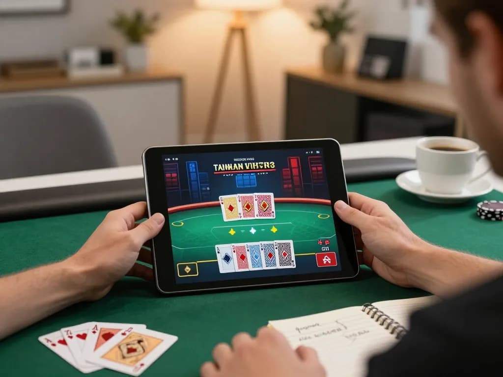 Player engaged in online 99Win poker game at home with tablet in hand