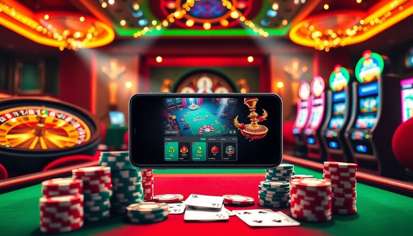 A dynamic casino scene featuring a smartphone interface from https://gg88.my/ surrounded by poker chips and a roulette wheel.