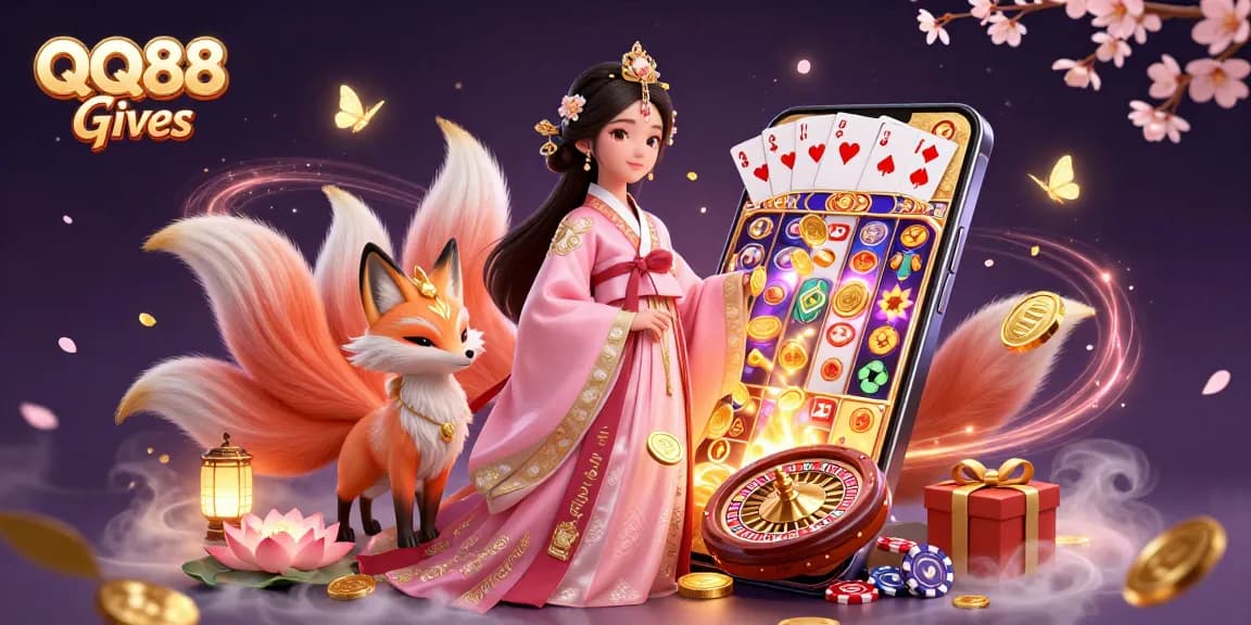 Experience the excitement of QQ88 Gives with vibrant slots, golden coins, and mystical elements in this captivating scene.