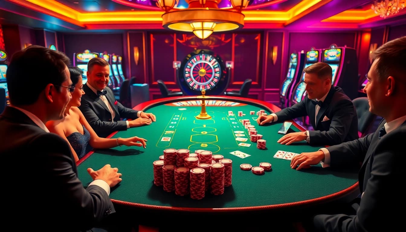 Players enjoying high-stakes poker at the JBO casino with vibrant lighting and elegant decor.