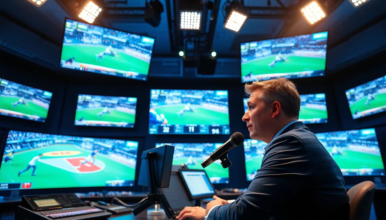 Engaging sports broadcasting studio showcasing hosts and live sports events in action.