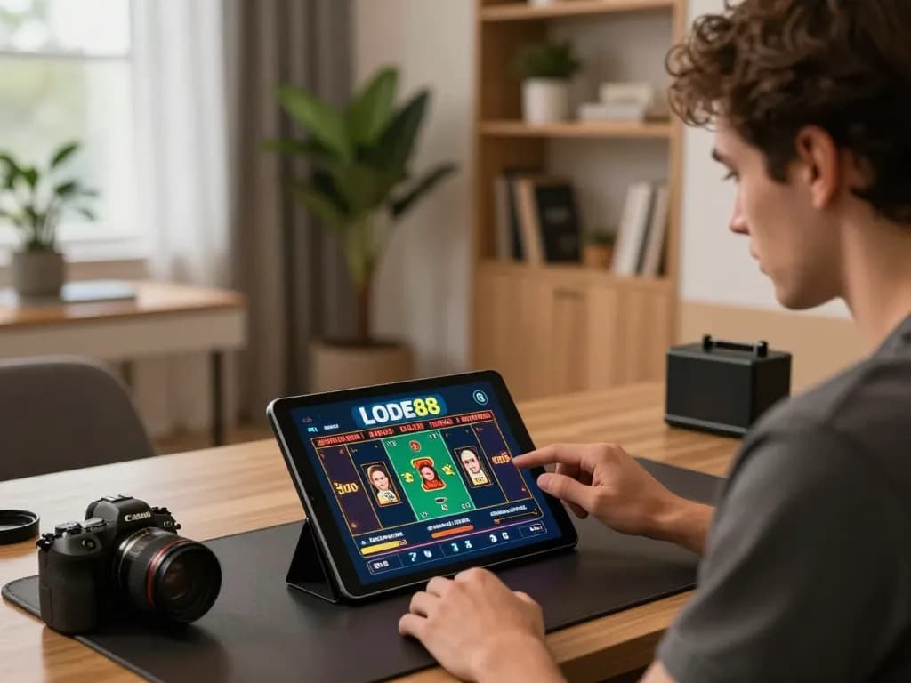 Player analyzing online betting strategies on the LODE88 app in a cozy home setup