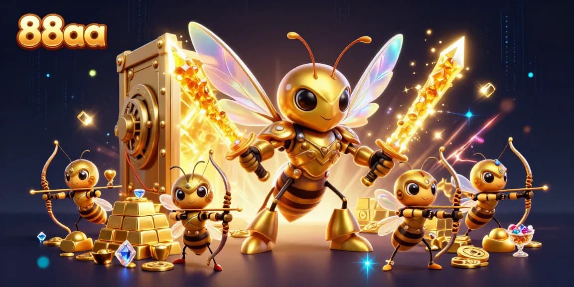 88aa features a golden hornet samurai in a vibrant 3D casino scene full of treasure and action.