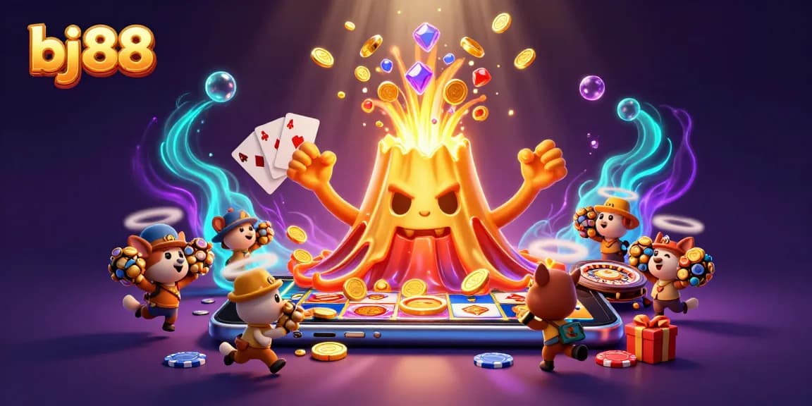 Experience thrilling action at bj 88 with a golden volcano erupting treasures in this vibrant casino scene.