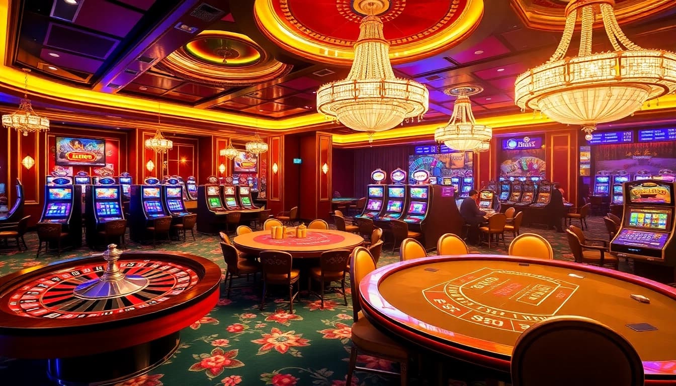 RR88 casino showcasing luxurious gaming experience with vibrant roulette wheel and engaging poker table.