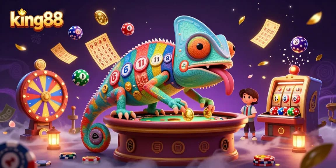 king88 captivates with an energetic casino scene featuring a chameleon owner among vibrant game elements.