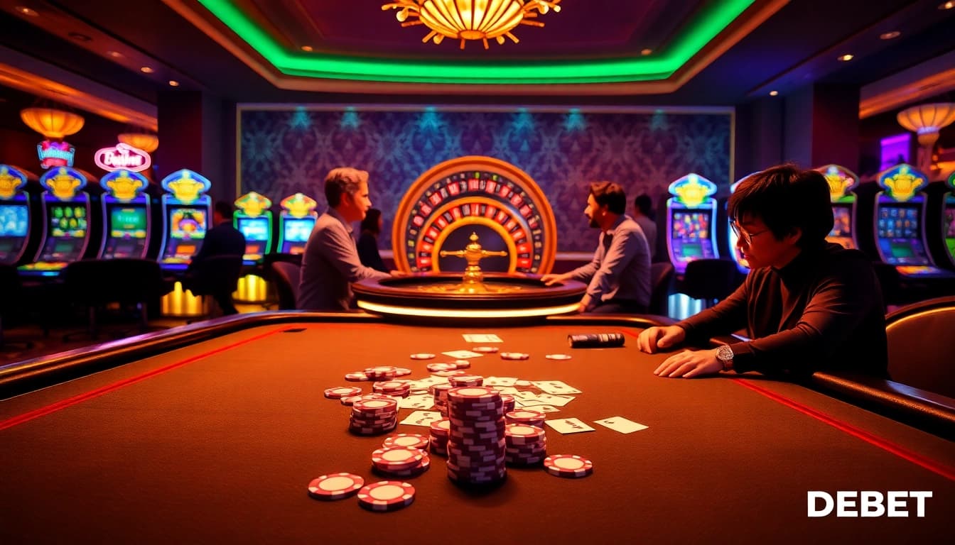 A dynamic scene of Cổng Game DEBET showcasing poker chips, cards, and colorful slot machines in a luxury casino atmosphere.