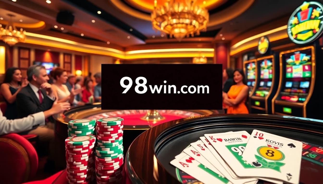 Engaging gamblers at 98win com with a luxurious casino atmosphere featuring roulette tables and vibrant slot machines.