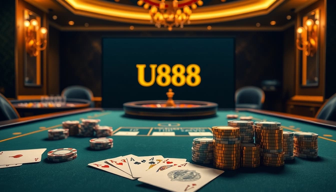 Engage with U888's thrilling poker experience, showcasing luxurious gaming ambiance with professional play.