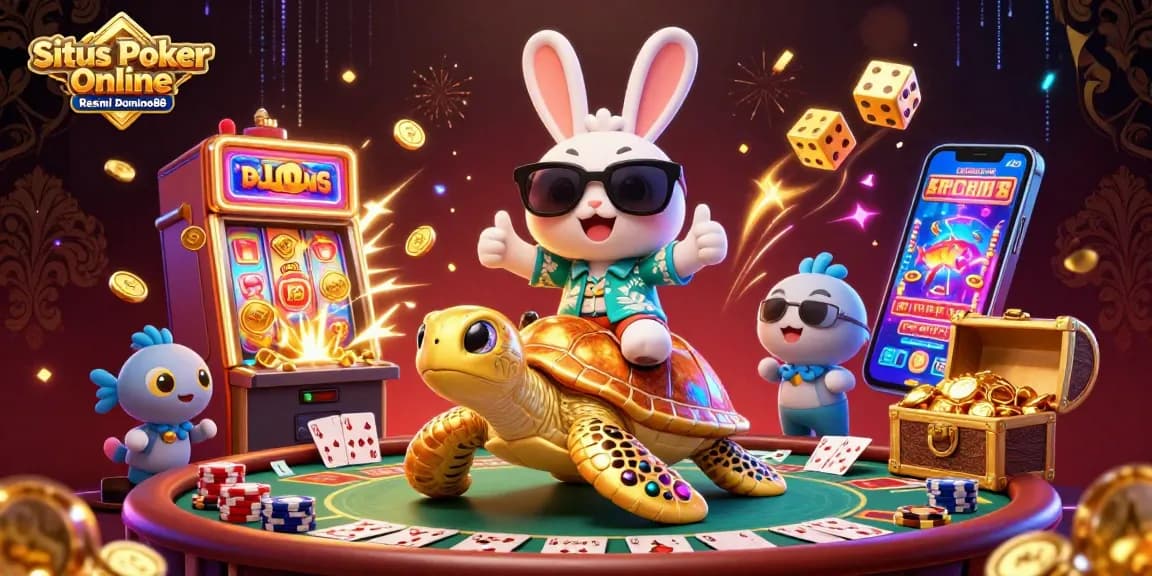 Situs Poker Online Resmi Domino88 showcases an engaging cartoon scene with a lucky rabbit, golden turtle, and casino elements.