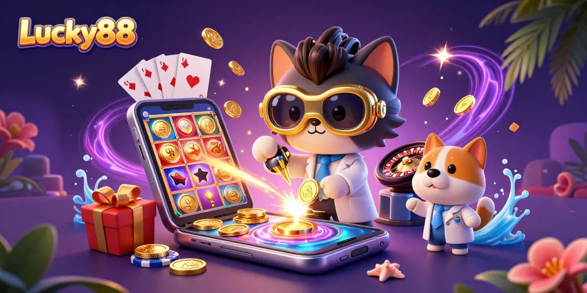 Win big with Lucky88 in this fun casino scene filled with animated 3D elements and excitement.