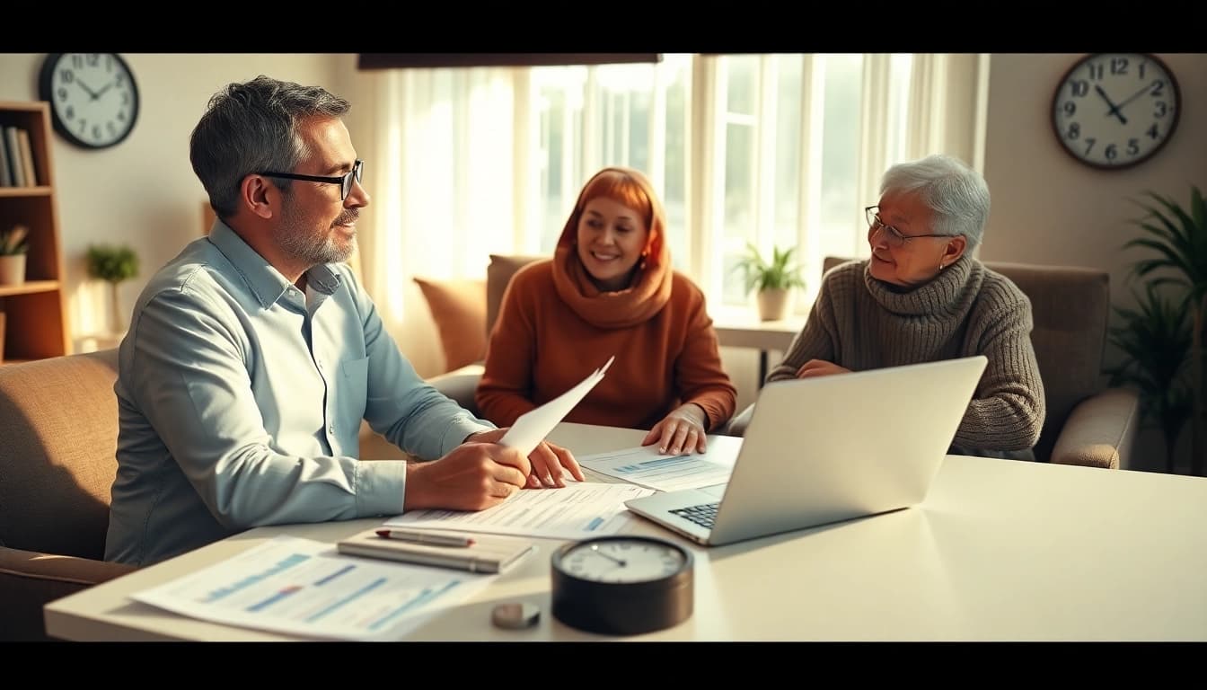 Discussing social security options with a financial advisor in a warm office setting.