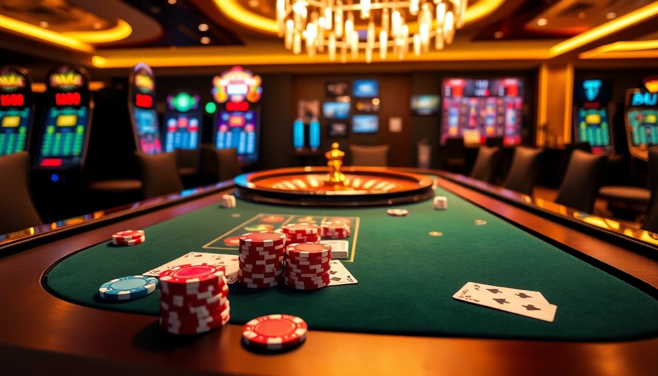 Experience poker action at XX88's luxurious casino tables with vibrant chips and cards.